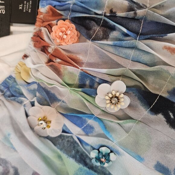 Ali Miles Chiffon Blouse XL Watercolor Pleated Floral Beaded Art-To-Wear Swing - Picture 7 of 14